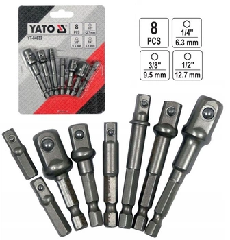 Набор держатели YATO адаптер под шуруповерт для торцевых головок 1/4" 3/8" 1/2" 8 штук YT-04639