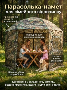 Зонт-палатка для рыбалки Profi 2.2 м — 2 окна, съёмная стенка, 8 колышков, защита от дождя и солнца