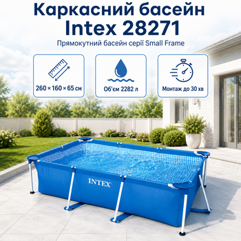 Каркасный бассейн Intex Small Frame 260×160×65 см прямоугольный сине-серый на 2282 л, сборный садовый бассейн с трехслойной чашей