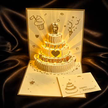 Музыкальная поздравительная открытка «Happy Birthday» с объемным тортом внутри и подсветкой, Золотой