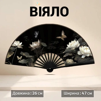Віяло ручне складане традиційне китайський аксесуар для літа та спеки з пластику та поліестеру Чорний Лотосовий ставок