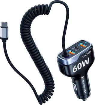 Автомобильное быстрое зарядное устройство 60W 4-Port USB C Car Charger: адаптер в прикуриватель 12V-24V с пружинным кабелем Type С
