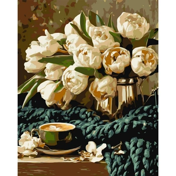 Картина по номерам Оригами Букет пионов и кофе, 40x50 см (LW30980-01)