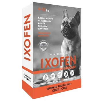 Капли IXOFEN против иксодовых клещей, блох и комаров для собак весом 4–10 кг (3 капли по 1 мл)