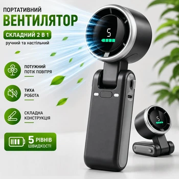 Складной Турбо вентилятор портативный, 5 скоростей, LED дисплей, USB Type-C, настольный и ручной 2 в 1 с ремешком на шею, черный