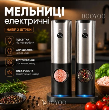 Млин спецій акумуляторний для перцю та солі, подрібнювач приправ кухонний на USB електромлин для подрібнення спецій набір 2 шт