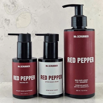 Набор косметики для бритья и ухода Mr.SCRUBBER Red Pepper 3 в 1 (шампунь, гель для бритья, крем после бритья)