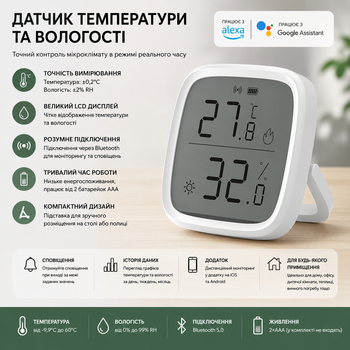 Датчик температуры и влажности с LCD дисплеем — точность ±0,2°C, совместим с Alexa/Google