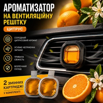 Автомобильный ароматизатор на вентеляционную решетку Цитрус с 2 сменными картриджами для дефлектора авто Цитрус