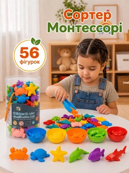 Сортер Монтессорі іграшка для дітей з пінцетом розвиваючий набір для сортування та рахунку по кольорам морські тваринки дитяча розвиваюча гра на подарунок для моторики рук і логіки малюків 56 фігурок 6 тарілочок 2 щипці