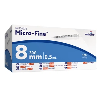 Інсулінові шприци embecta Micro-Fine™ Plus (раніше BD Micro-Fine) 30G × 8 мм, 0,5 мл, 100 од.