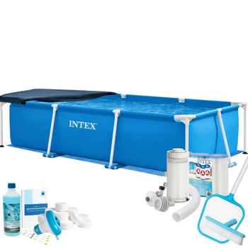 Каркасный прямоугольный бассейн Max Intex 28272-9в1, размер 300 × 200 × 75 см (бассейн, подстилка, фильтр 2 006 л/ч, картриджи, альгеникс, хлорные таблетки, тент, сачок, щетка)