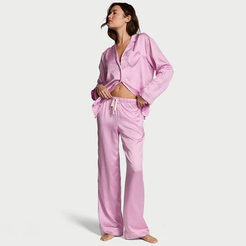 Піжама рожева зі штанами Victoria's Secret Signature Satin Heart Long Pajama Set Pink - Розмір Short XS