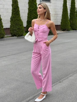 Жіночий літній костюм (топ на шнурівці+брюки) Uaclothes 42-44 Рожевий (like38790-192251349)