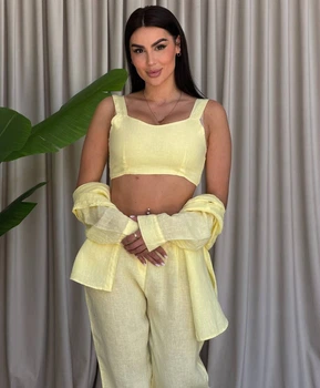 Жіночий однотонний лляний костюм (сорочка+топ+брюки) Uaclothes 48-50 Жовтий (like38802-192371371)