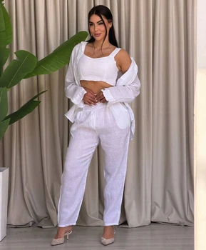 Жіночий однотонний лляний костюм (сорочка+топ+брюки) Uaclothes 48-50 Білий (like38800-192351371)