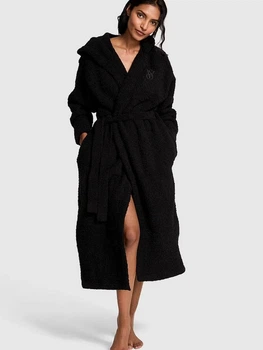 Халат женский махровый теплый с капюшоном зимний Victoria's Secret 50899275 XS/S Черный (1160055472)