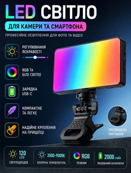Аккумуляторный накамерный видеосвет RGB с прищепкой для фото и видео 8 Вт 2000 мАч температуры 2700К-6500К компактный 12*7*2,5 см