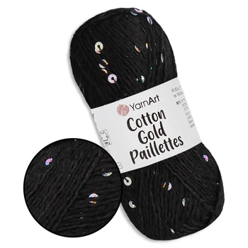 YarnArt Cotton Gold Paillettes, Черный №7101 – хлопковая пряжа с пайеткой для вязания спицами и крючком, 50 г/140 м, 82% хлопок / 18% полиэстер