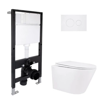 Набор инсталляция Qtap Standard с белой круглой кнопкой и подвесной унитаз Qtap Swan Rimless, безободковый (SD00057758)