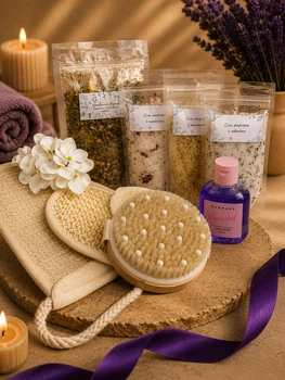 Набор для бани сауны SPA набор для женщины девушки (10в1) мочалка органическая, морская соль с лавандой, жасмином, зозой, чай крафтовый, парфюмерный гель (5743-8044)