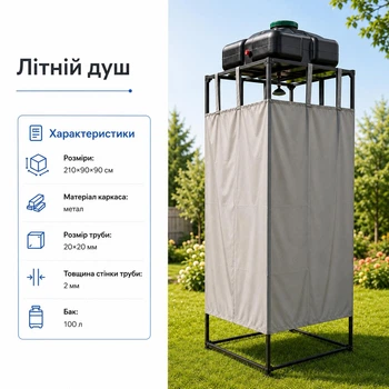 Металевий літній душ 210×90×90 см для дачі та саду з баком 100 л, міцна вулична душова кабіна