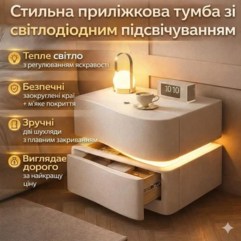 Прикроватна тумба з еко-шкіри з LED-підсвіткою та двома висувними ящиками, біла
