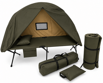 Раскладушка НАТО XL 206×72×54 хаки с матрасом, подушкой и 1-местной палаткой для кемпинга