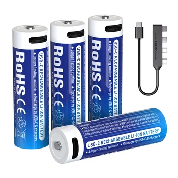 Акумуляторна батарея AA XTAR Blue LR-C 1.5V Li-ion 3000mAh з USB Type-C та LED індикатором | мaкс. розряд - 2.5А | набір 4шт. у пласт. кейсі із шнуром x4 Type-C