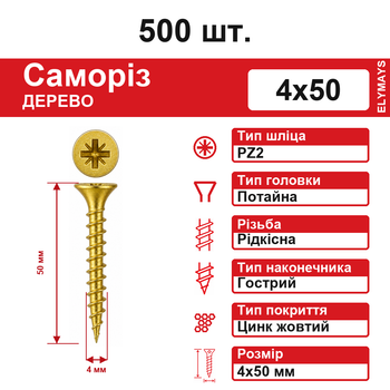 Шуруп-саморез универсальный желтый 4х50 мм PZ2, желтый цинк, 500 шт.