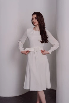 Шифонова коктейльна сукня міді Nai Lu-na з довгим рукавом та поясом 3838-2 L Молочна