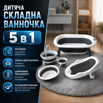 Детская складная ванночка для купания «5 в 1» с подставкой, лежаком, цифровым термометром, складным ковшиком и органайзером, для новорожденных, младенцев и малышей с рождения