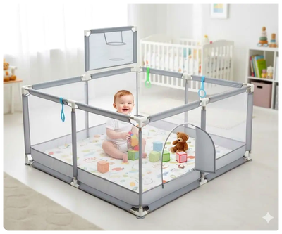 Игровой манеж 130×130 см с корзиной для мячей для детей серый Aptel LS-3009