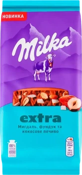 Молочний шоколад Milka Екстра з мигдалем, фундуком та шматочками кокосового печива 130 г (7622202358296)