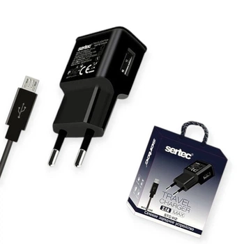 Зарядка от cети 220В на USB 2.1A , кабель - Micro USB, черная Sertec