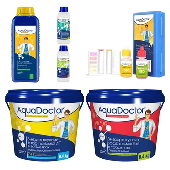 Набір хімії для басейну AquaDoctor 6 в 1 (Альгіцид, Рідкий pH Minus та Коагулянт, Хлор швидкої та повільної дії, Тестер)