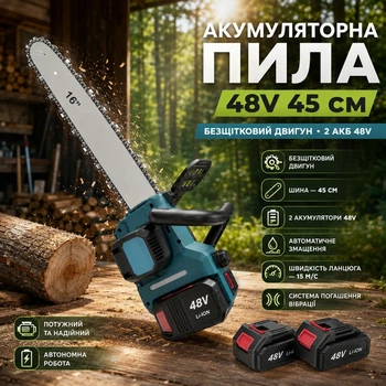 Пила акумуляторна ланцюгова 48V із шиною 45 см, двома акумуляторами, безщітковим двигуном та автоматичним змащенням ланцюга