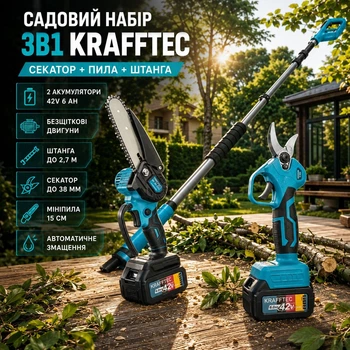 Аккумуляторный садовый набор 3 в 1 42V 6 Ah с секатором 38 мм, цепной минипилой 15 см, телескопической штангой 2,7 м и двумя аккумуляторами