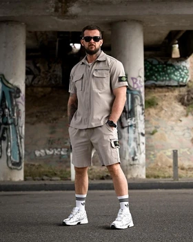 Літній комплект Stone Island TARANTINO світло-сірий сорочка та шорти карго чоловічий L