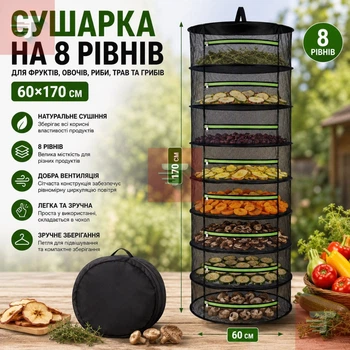 Сушилка На 8 Уровней Для Фруктов Овощей Рыбы Трав И Грибов 60×170 См Черная Сетка (397903)