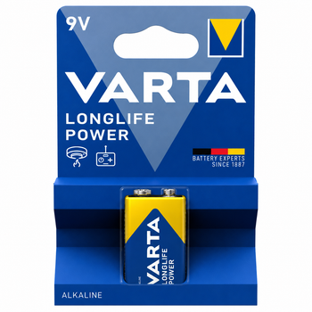 Батарейка VARTA Longlife Power 9V (6LR61, Крона) 9V, щелочная (Alkaline), 1 шт. — для микрофонов, мультиметров и электроники