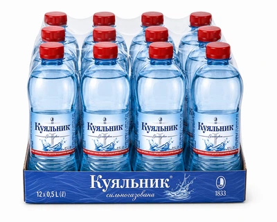 Упаковка минеральной лечебно-столовой хлоридно-натриевой насыщенной СО2 сильногазированной воды «Куяльник № 1» 0,5 л × 12 бутылок [4820001021073]