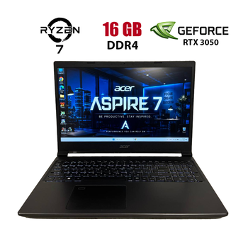 Ігровий ноутбук Acer Aspire 7 A715-43G / 15.6" (1920x1080) IPS / AMD Ryzen 7 5700U (8 (16) ядер по 1.8 - 4.3 GHz) / 16 GB DDR4 / 512 GB SSD / nVidia GeForce RTX 3050, 4 GB GDDR6, 128-bit / WebCam б/в