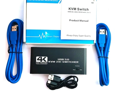 Переключатель KVM 2 порта USB 3.0 для 2 компьютеров / ноутбуков 4K 60Hz, управления одним комплектом клавиатуры, мыши и монитора