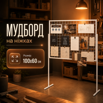 Мудборд декоративный в рамке 100×60 см на ножках белый 20 прищепок 5 фотокарточек 2 чеклиста для мастерской и комнаты