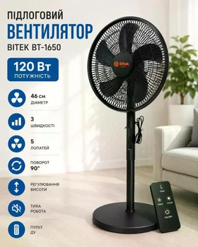 Напольный вентилятор с пультом ДУ, 120 Вт, 46 см, 5 лопастей, BITEK BT-1650, черный / белый / Вентилятор для дома