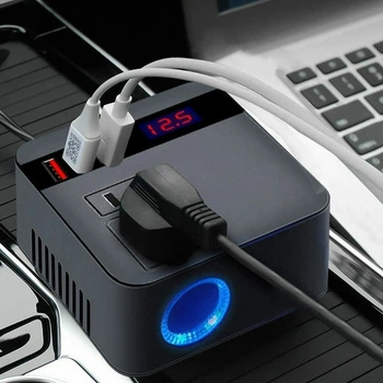 Автомобільний інвертор 150 Вт з адаптером прикурювача та 3 USB-портами, перетворювач напруги 12В/24В на 220В, зарядний пристрій