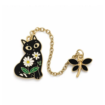 Двойной значок BROCHE брошь бижутерия Животные Кошка со стрекозой чёрно-золотистый BRGV115100