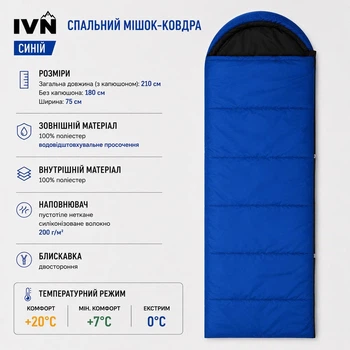 Спальный мешок-одеяло IVN 210×75 см синий с капюшоном A00262