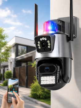 Уличная охранная поворотная WIFI камера Dual Lens Zoom 8MP сирена, зум, удаленным доступом онлайн